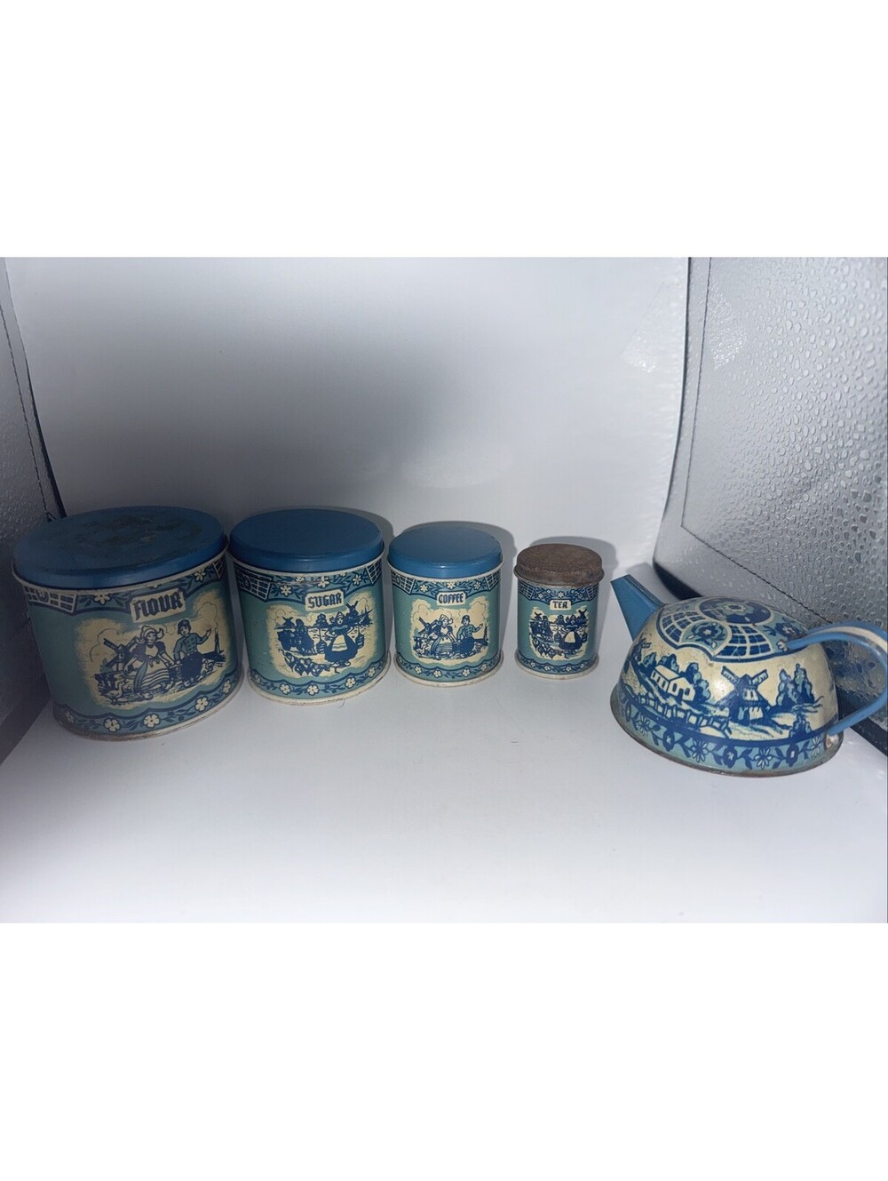 1940s Wolverine, Delft 23 pc Child's Tin Dishes, blue & white windmill scene